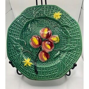 Vintage German Majolica Green Fruit Plate Basketweave Tomatoes Flowers